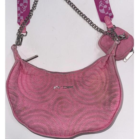 Betsey Johnson XOVALLI Pink Skull Crossbones Embroidered Crossbody Shoulder Bag - Picture 6 of 12